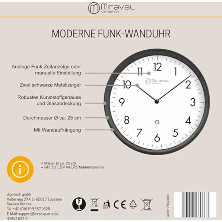Miraval Design Funk-Wanduhr, 250 mm, lautloses Quarzuhrwerk, DCF77-Funksignal, schwarzes Kunststoffgehäuse, weißes Zifferblatt – Bild 4