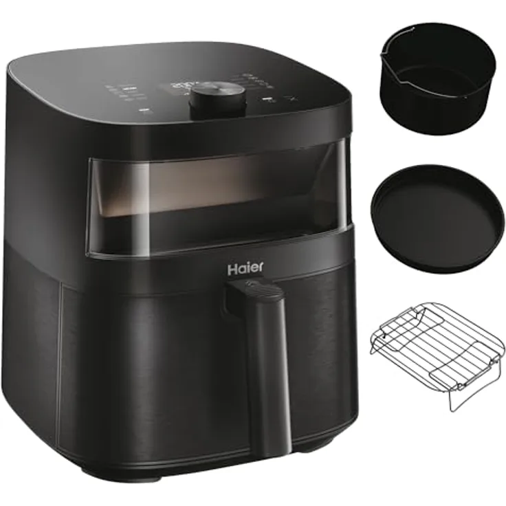 Haier Heißluftfritteuse mit Glasfenster I Airfryer mit 9 Programmen & 7 Liter Fassungsvermögen 1700W Fryer mit LED Display I Fritteuse Heißluft ohne Fett I spülmaschinenfest [Serie 5 - HAF5TWA3]