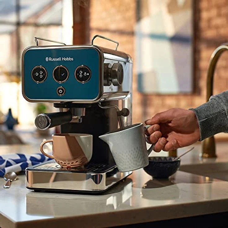 Russell Hobbs Espressomaschine [Siebträgermaschine] Distinction Edelstahl Ocean Blue (15 Bar, Einsatz 1&2 Tassen, ESE Pads, autom.Dosieren & man.Option, Dampfdüse f Heißwasser & Milchschaum) 26451-56 – Bild 2
