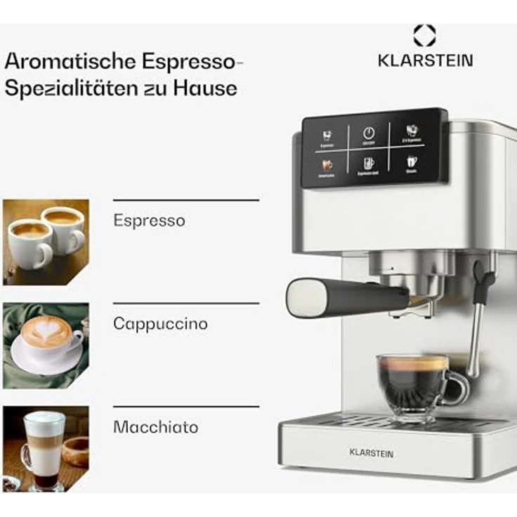 Klarstein SteelPresso Touch Siebträgermaschine – 20-Bar, 1350 W, Edelstahl, 1,5-L-Wassertank, Touch-Display, Integrierter Milchaufschäumer, Kompaktes Design, Kaffeemaschine – Bild 4