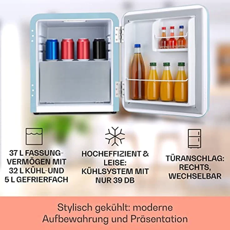 Klarstein Audrey 2in1 Minikühlschrank mit Gefrierfach, 32 L Kühlraum, Retro-Design, 50 cm hoch, blau – Bild 2