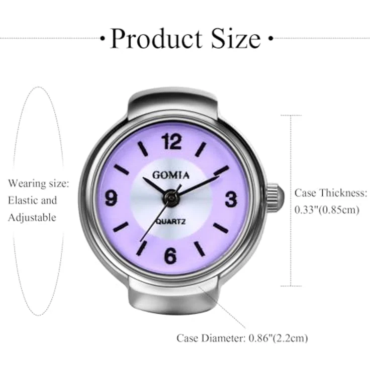 JewelryWe Ringuhr Fingeruhr Damen Elastisch - Klassische Analog Quarz Uhr mit lila Zifferblatt und elastischem Legierungsband – Bild 4