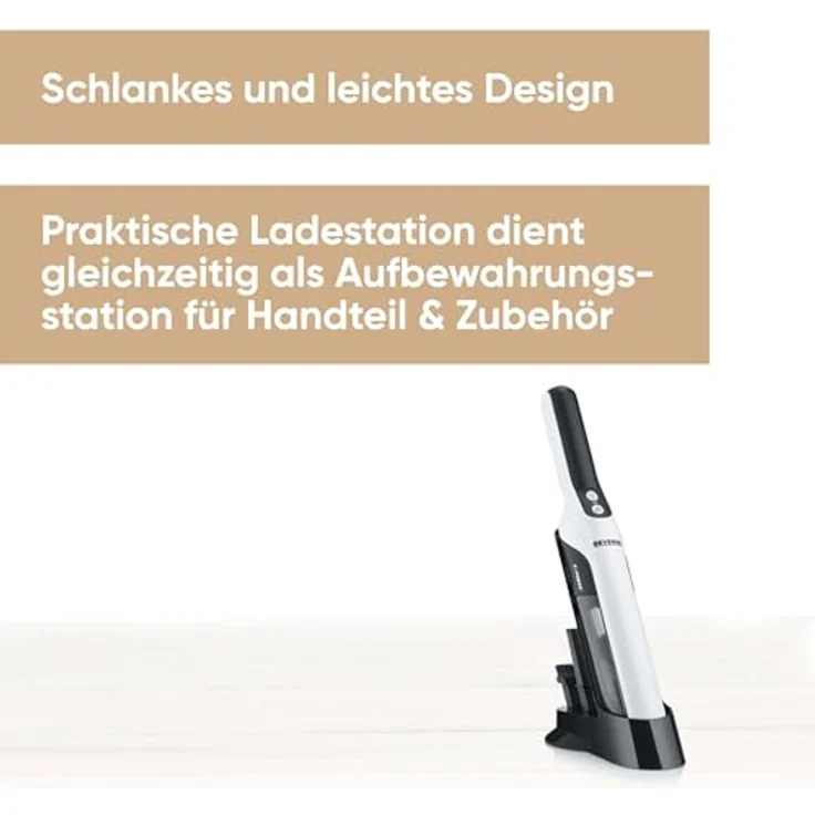 SEVERIN Akku Handstaubsauger, leiser Tierhaar Staubsauger mit Möbelaufsatz für Möbel und Tastaturen, kabelloser Handstaubsauger mit Akku für bis zu 30 Minuten Laufzeit, weiß/schwarz matt, HV 7140 – Bild 2
