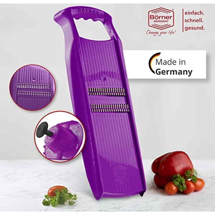 Börner Roko PowerLine Gemüseschneider Set (2-tlg.) • Feiner Streifenschneider für Obst & Gemüse + Fruchthalter • Julienne Schneider • Gemüsehobel • Küchenhobel Set (Violett) – Bild 2