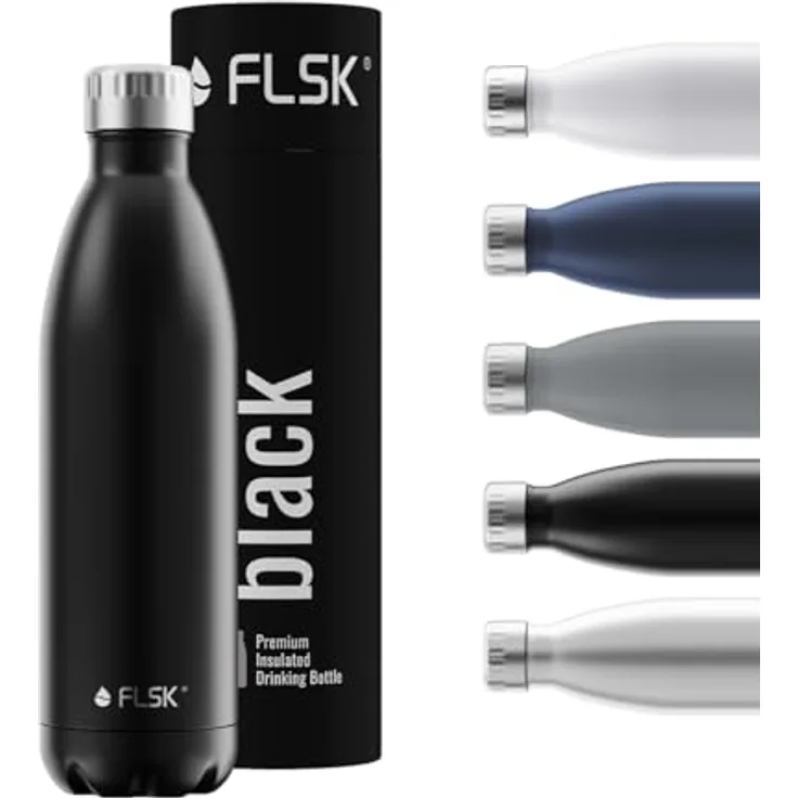 FLSK Trinkflasche I Premium Thermosflasche aus Edelstahl I 100% Auslaufsicher & Kohlensäure geeignet I 24 Std. Kalt & 18 Std. Heiß (black, 750 ml)