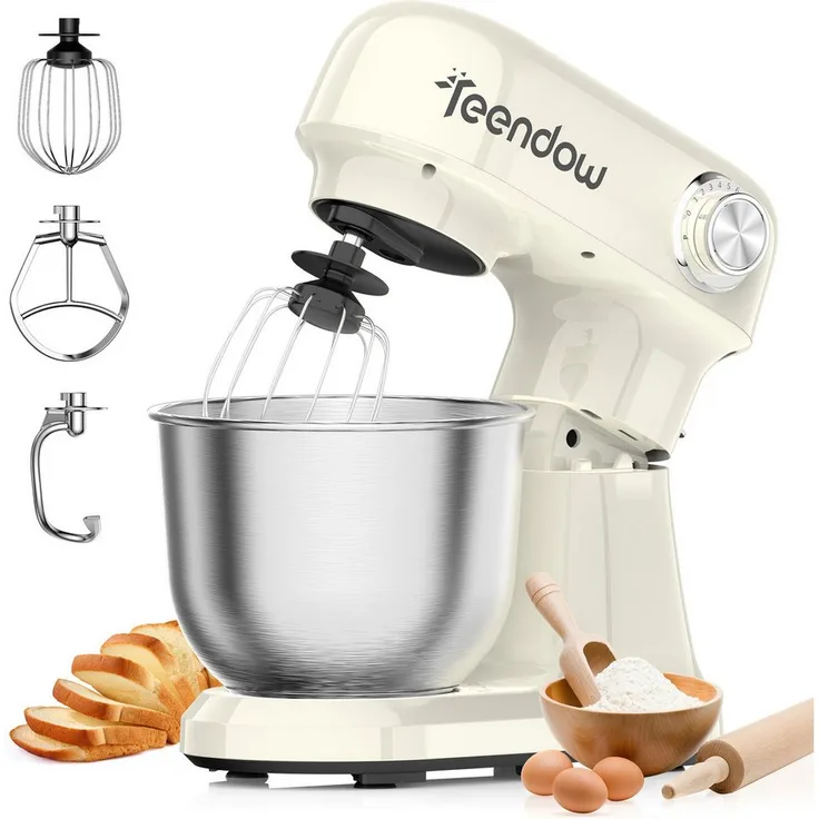 Teendow Multifunktionale Küchenmaschine, 1500 W mit 12-Geschwindigkeiten, kippbarem Kopf, 4,7 l Edelstahl-Schüssel, inklusive Knethaken, Schneebesen und Rührbesen