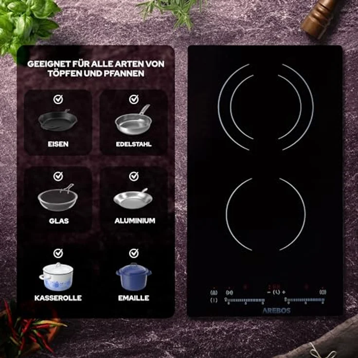 Arebos Glaskeramikkochfeld AR-HE-GK2NW, 2 Platten, 3200 W, 30 cm, mit Sensor-Touch Display, 9 Heizstufen, Kindersicherung, Timer, Überhitzungsschutz, Autoabschaltung, schwarz – Bild 5
