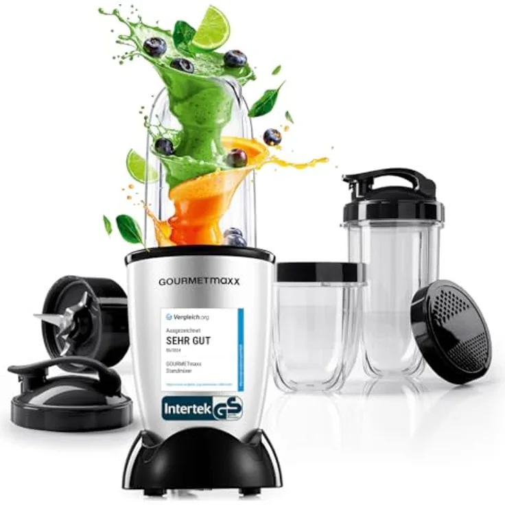 GOURMETmaxx Mr. Magic Power 400 Pro Standmixer, 400W, inkl. 3 Mixbecher To-Go und Zubehör-Set L, silber/schwarz