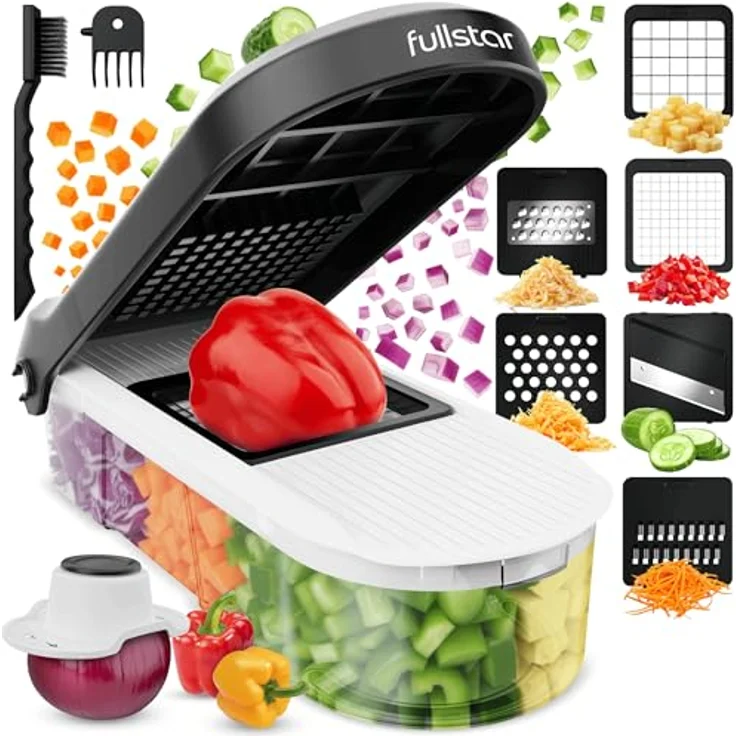 Fullstar Gemüseschneider und Mandoline, 6-in-1 Edelstahl-Küchenzubehör für Julienne und Würfel, Kompakt, Weiß – Bild 1