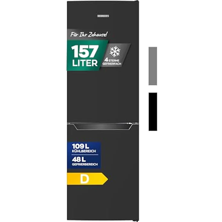 Heinrich´s HKS 3191, Kühlgefrierkombination mit 157 L Gesamtvolumen, 109 L Kühlvolumen, 48 L Gefriervolumen, LED Beleuchtung, Türanschlag wechselbar, leise 39 dB, schwarz – Bild 1