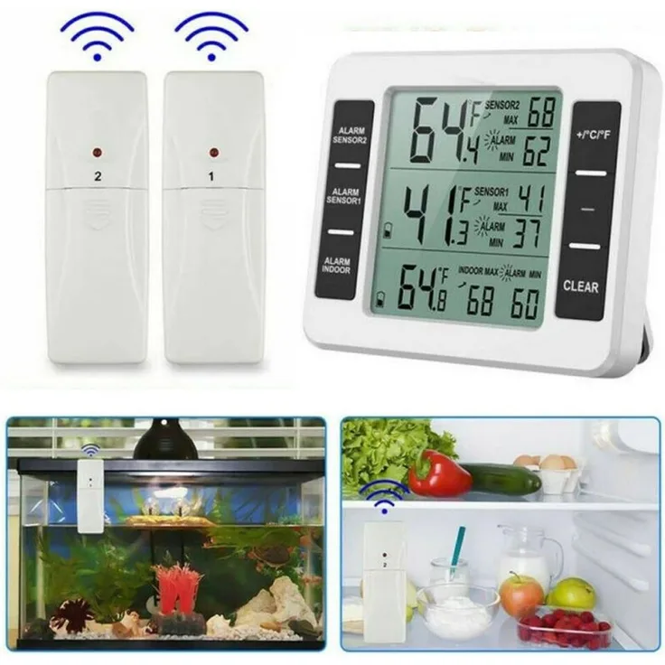 BlingBin Kühlschrankthermometer Funk, Digital mit 2 Sensoren, Temperatur Alarm, MIN/MAX, Innen-/Außentemperatur, weiße Farbe