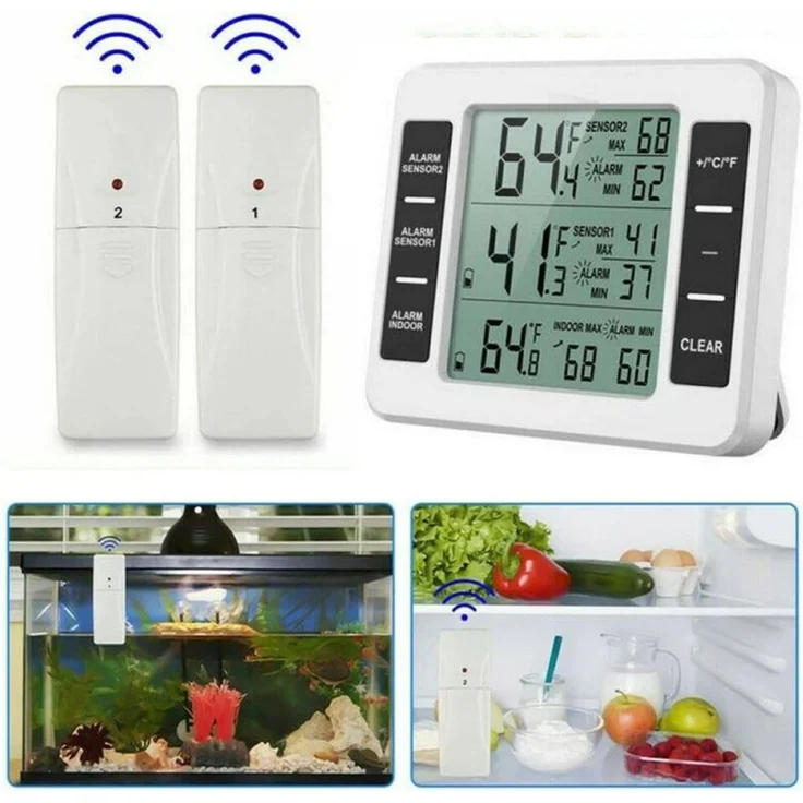 BlingBin Kühlschrankthermometer Funk, Digital mit 2 Sensoren, Temperatur Alarm, MIN/MAX, Innen-/Außentemperatur, weiße Farbe