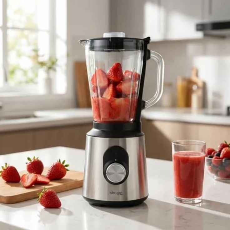 shop'n smile ideoon Standmixer Edelstahl 1000W mit 1,5L Glasbehälter, 2 Geschwindigkeitsstufen + Pulse, rutschfest, spülmaschinenfest, Silber/Schwarz – Bild 2