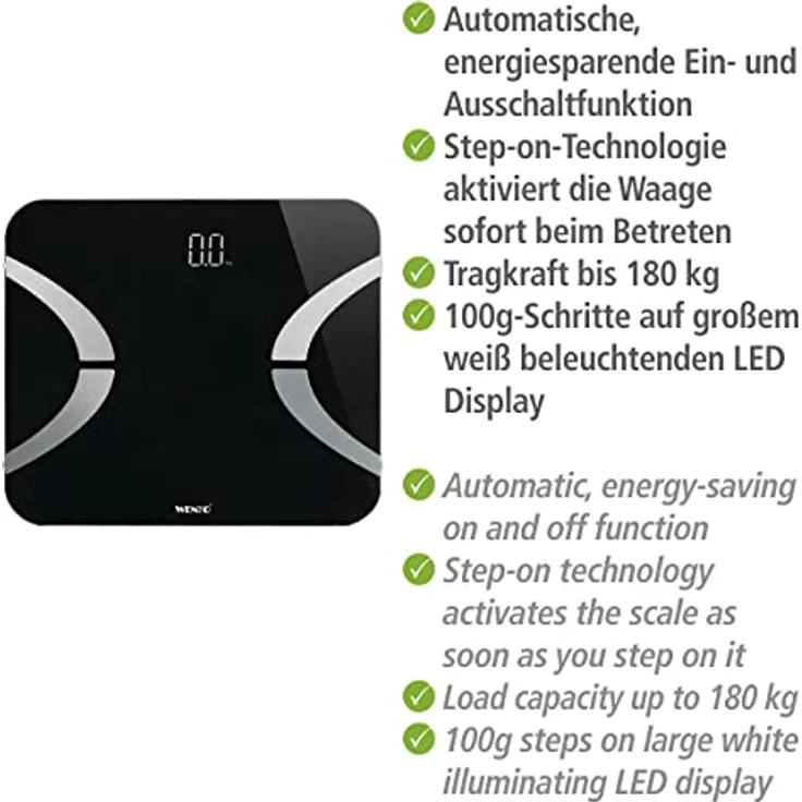 WENKO Personenwaage Smart Body 24462100, LED, 30 x 26 cm, schwarz – Bild 4