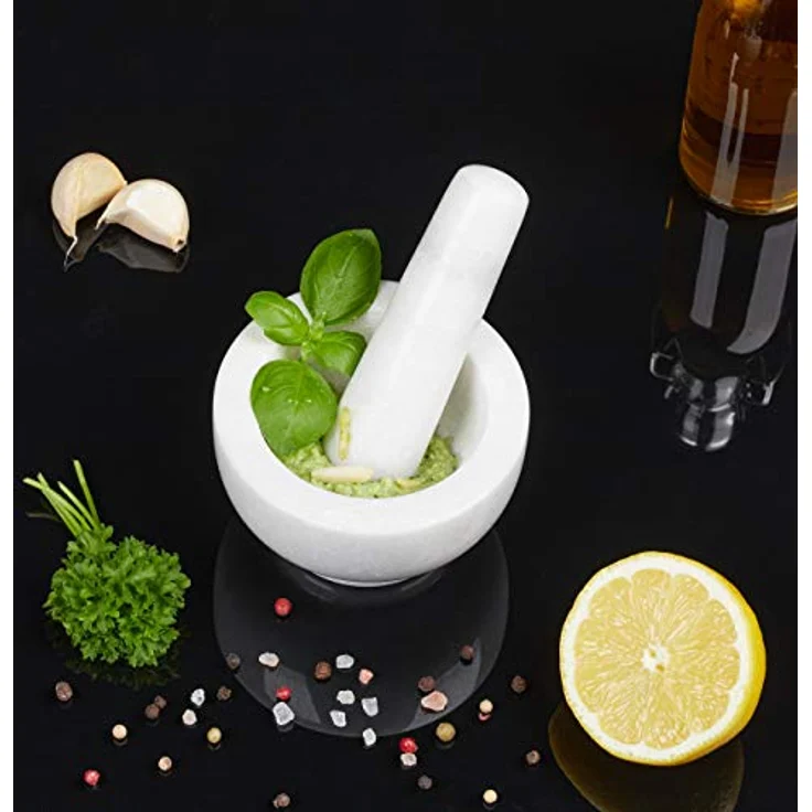 Relaxdays Marmor Mörser mit Stößel, robust & langlebig, Gewürze, Kräuter, polierter Steinmörser, Ø 10 cm, V 120 ml, weiß – Bild 4