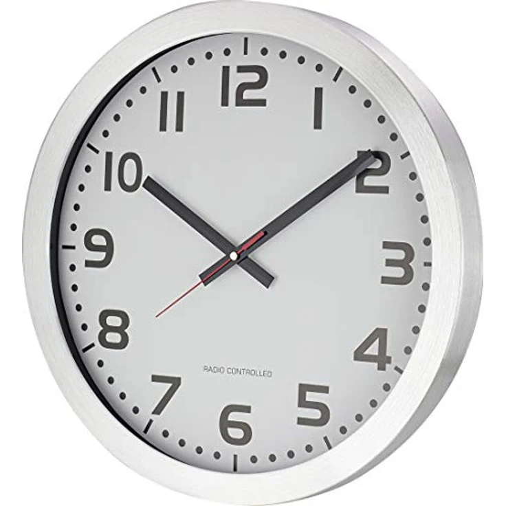 Eurotime Funkwanduhr, 40 cm, Edelstahlgehäuse, Echtglas, 12-Zahlen Zifferblatt, automatische Zeiteinstellung, rote Sekunde, nur für Innen - Preisvergleich – Bild 2
