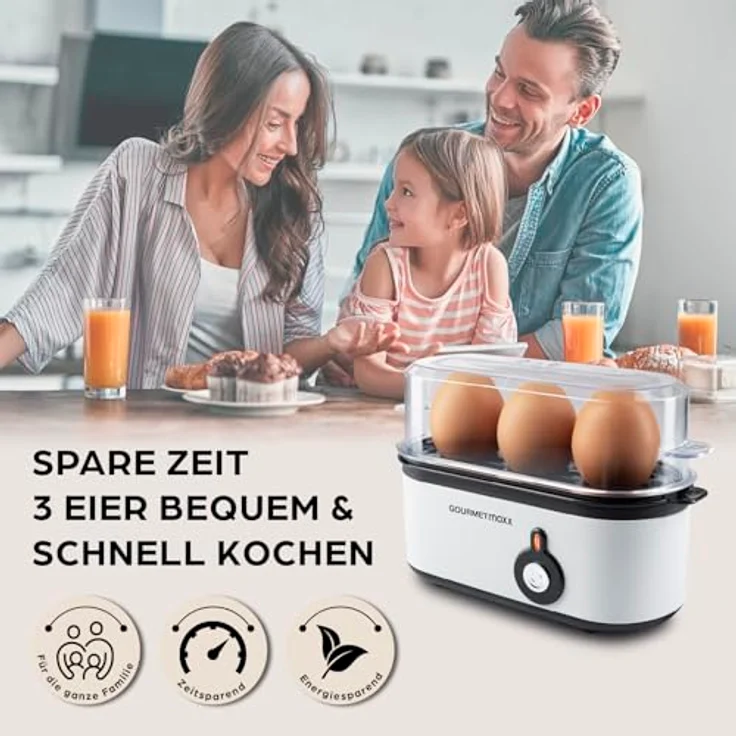 GOURMETmaxx Eierkocher für 3 Eier, kompakter Egg Boiler mit Eierstecher und 3 Härtegraden, spülmaschinenfeste Teile, ideal für Zuhause & unterwegs, Weiß – Bild 5