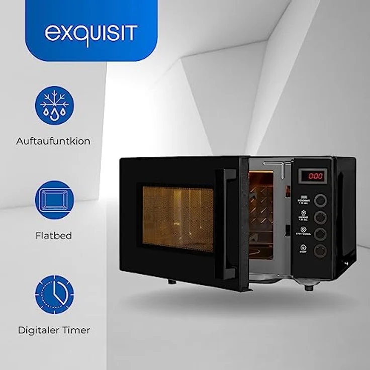 Exquisit Mikrowelle MW7020-F-030DI schwarz | Flatbed | Microwellengerät 700 Watt | Timer | 20 Liter | Mikrowelle klein und platzsparend | 5 Leistungsstufen – Bild 2
