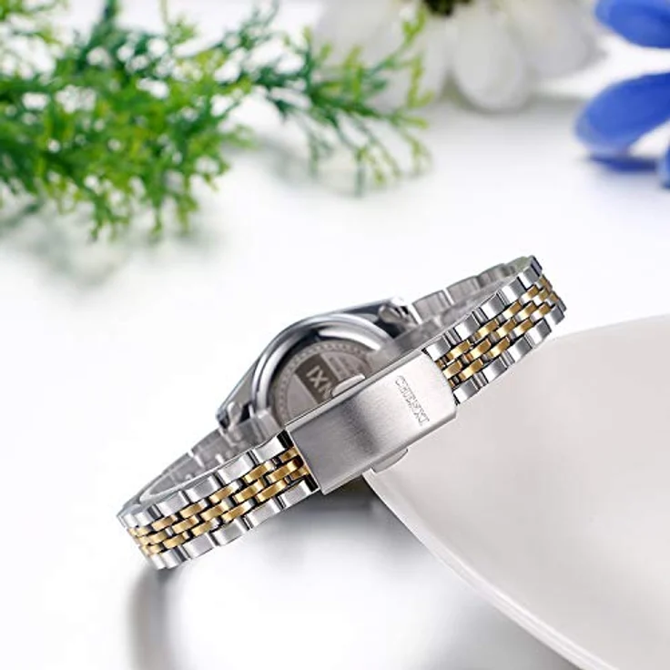 JewelryWe Paar Uhr Analog Quarz mit Gold Strass Zifferblatt, 30M wasserdicht, Edelstahl Armband für Damen und Herren – Bild 4