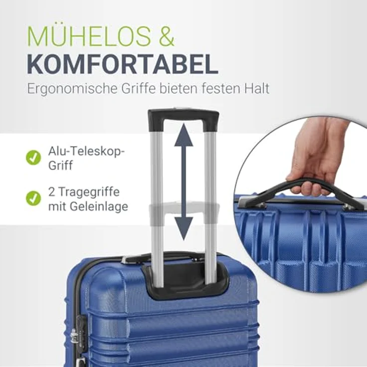 Juskys Hartschale Kofferset 3-teilig, großer Reisekoffer mit Zahlenschloss, geräuscharmen 360° Rollen, Teleskopgriff, leicht, blau – Bild 3