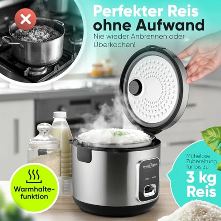 ProfiCook Reiskocher PC-RK 1285, 2-in-1 Reiskocher und Dampfgarer für bis zu 3 kg Reis, Edelstahlgehäuse, antihaftbeschichtet, mit Warmhaltefunktion – Bild 2