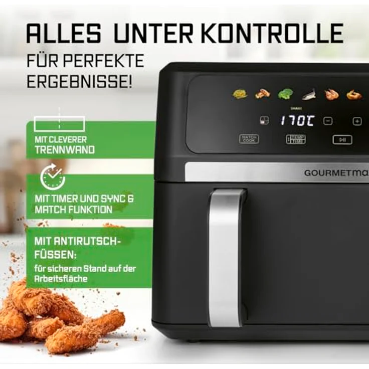 GOURMETmaxx Heißluftfritteuse AirGenius 10 l (2 x 5 l), Vario-Kammer, 2800 W, 10 Programme, Multi-Colour-LED-Touch-Display – Bild 8