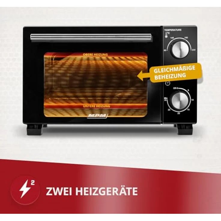 MPM MPE-13 Mini-Backofen, freistehend mit 10 L Volumen, Ober- und Unterhitze, 4-stufige Temperaturregelung 90-230°C, schwarz, inkl. Backblech und Gitterrost – Bild 3