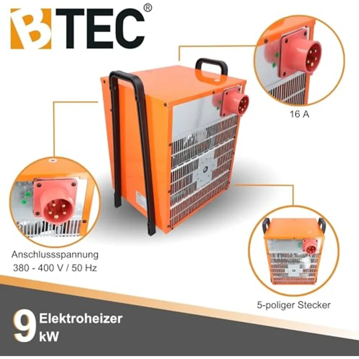 BTEC Heizlüfter 9000 Watt - Elektroheizer - Elektroheizung - 2 Heizstufen - Frostwächter - 9kW Heizer, Pulverbeschichtet – Bild 2