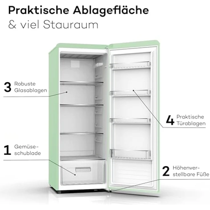 SCHOEPF RKS245SG Retro Vollraumkühlschrank, 238 Liter Nutzinhalt, mint-grün, mit LED-Beleuchtung und Vintage Style – Bild 6