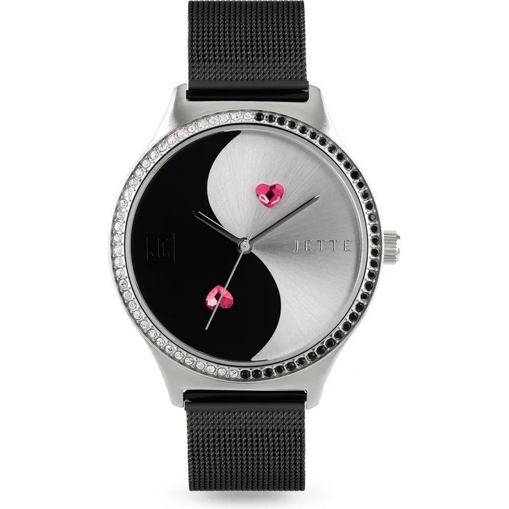 JETTE Quarzuhr Damen-Uhren, Analog Quarz, Klassikuhr, Edelstahl, Yin-Yang-Design, pinken Kristalle, Silber/Schwarz
