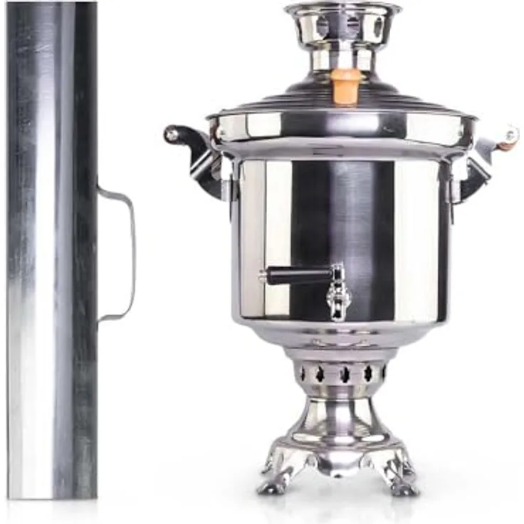 BIG-PAN Samowar 5 L aus Edelstahl mit Schornstein, authentischer Holzkohle Teekocher für orientalischen Teegenuss, robust und langlebig