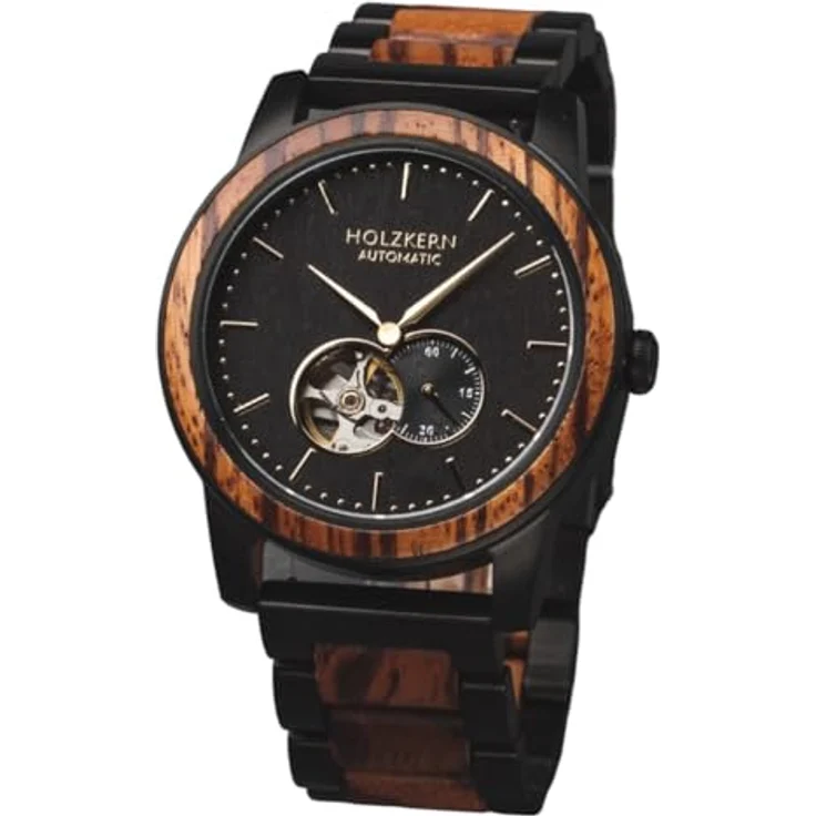 HOLZKERN Herrenuhr Automatik San Francisco, Zebrano/Ahorn, Edelstahl schwarz, Chronograph, kratzfest, Mineralglas – Bild 1