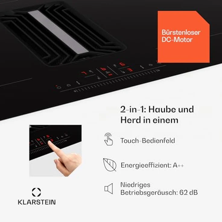 Klarstein 2-in-1 Kochfeld mit Dunstabzug Integriert 90cm, Induktionskochfeld für Kochinsel, 4er Kochfeld, 750 m³/h Luftstrom, Touch-Display, Energieeffizienz A – Bild 4