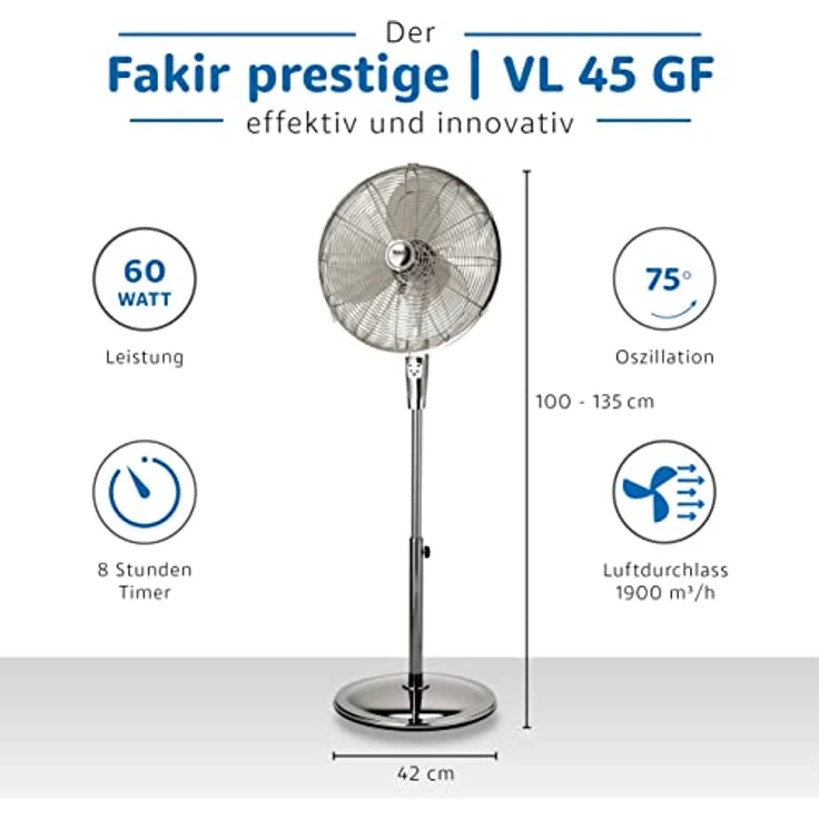 Fakir VL 45 GF prestige | Design-Standventilator, Retro-Look, inkl. Fernbedienung, 3 Geschwindigkeitsstufen, Timer-Funktion, oszillierend, standsicher - höhenverstellbar 100-135 cm, 60 Watt – Bild 3