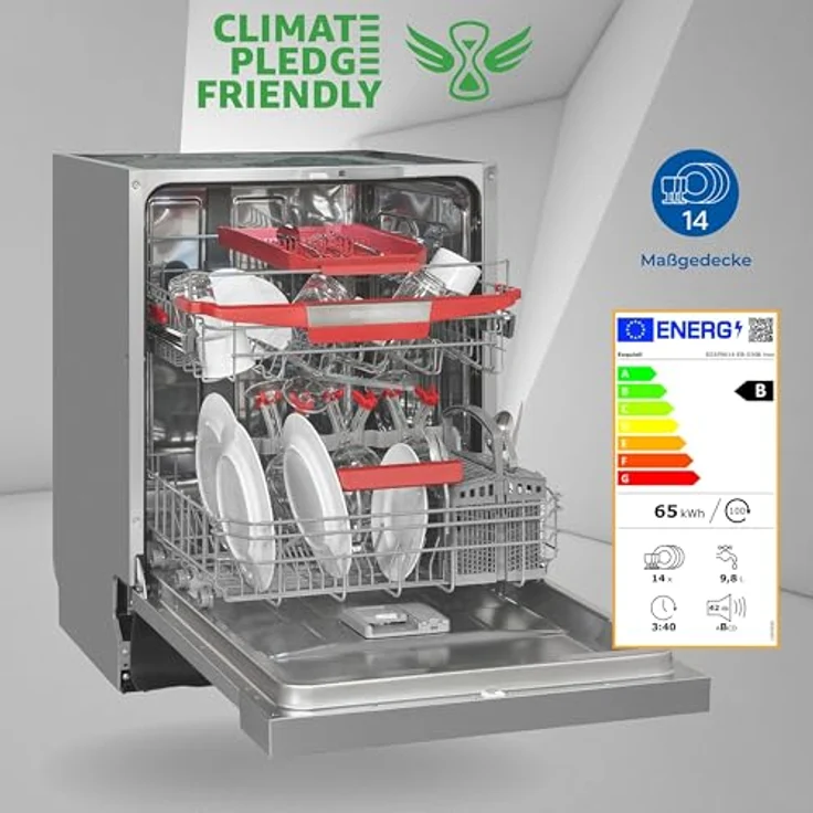 Exquisit Einbau-Geschirrspüler EGSP9614-EB-030B inox | Teilintegrierter Geschirrspüler 60 cm | 14 Maßgedecke | Bodenlicht | Spülmaschine teilintegriert 60 cm Aquastop – Bild 2