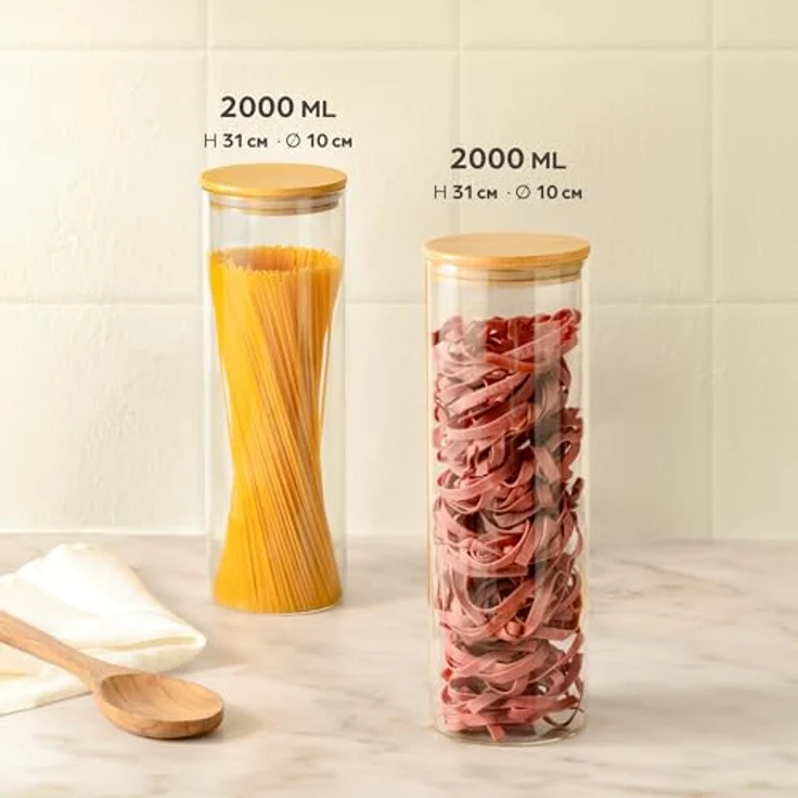 Praknu Vorratsdosen mit Deckel für Spaghetti 2er Set - Luftdicht mit Holzdeckel - Spülmaschinenfest - Hoch 30cm - Spaghetti Aufbewahrung – Bild 2