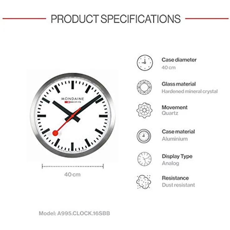 Mondaine - Wanduhr A995.Clock.16SBB 40cm - Bahnhofsuhr in Silber aus gebürstetem Aluminium mit rotem Sekundenzeiger staubbeständig - Hergestellt in der Schweiz – Bild 3