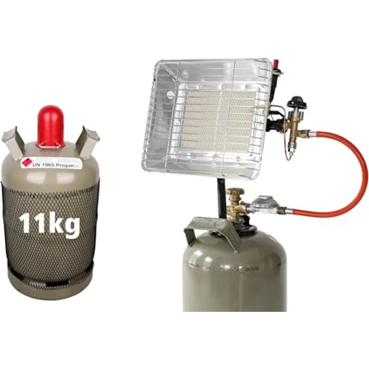 Rothenberger Industrial Gas Heizstrahler Aufsatzstrahler mit Zündung | 0,4 m Propangasschlauch | 1x Propankonstantregler 50 mbar und 11 kg Propangasflasche, Grau - Kippsicher und bis zu 800°C regelbar
