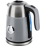 Impolio Retro Edelstahl Wasserkocher 1,7 L, Wasserkocher Edelstahl - Wasserkocher mit Analogen Thermometer, Wasserkocher mit LED-Beleuchtung, Teekocher mit Abschaltautomatik, Kettle, Wasserkocher grau