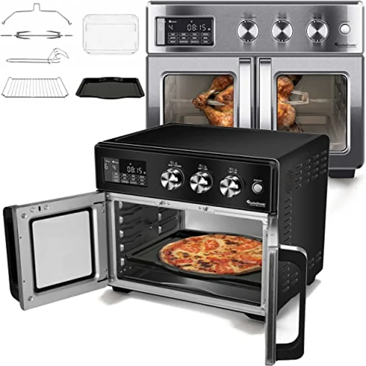TurboTronic Mini Backofen - 4in1 Heißluftofen und Heißluftfritteuse XXL Version 32L inkl. Drehspieß & viel Zubehör Backblech, Dörrgerät ab 25°C & Grill, Airfryer (silber) – Bild 2