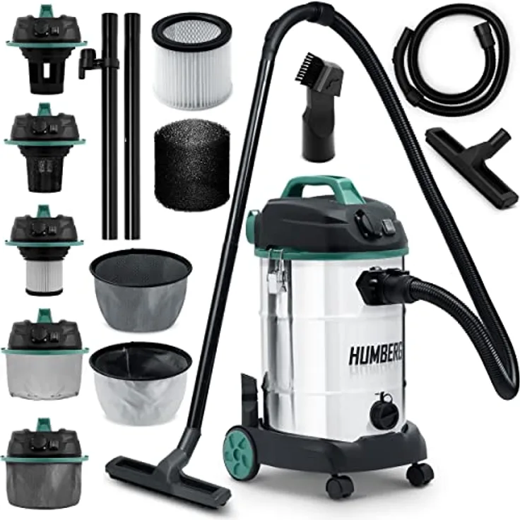 Humberg Multifunktionaler Industriestaubsauger 30L 1600W, Nass- und Trockensauger mit Elektrowerkzeugsteckdose, Blasfunktion, wiederverwendbaren Filtern, Grün