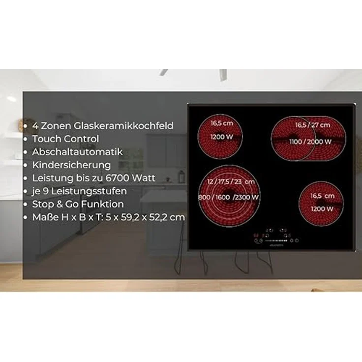 Wolkenstein WEB-C4-3KBG Glaskeramikkochfeld | Bräterzone | Dreikreiszone | Timer | Kindersicherung | Stop & Go Funktion | 9 Heizstufen | 59 cm Breite | 6700 W Leistung, Edelstahlrahmen – Bild 2