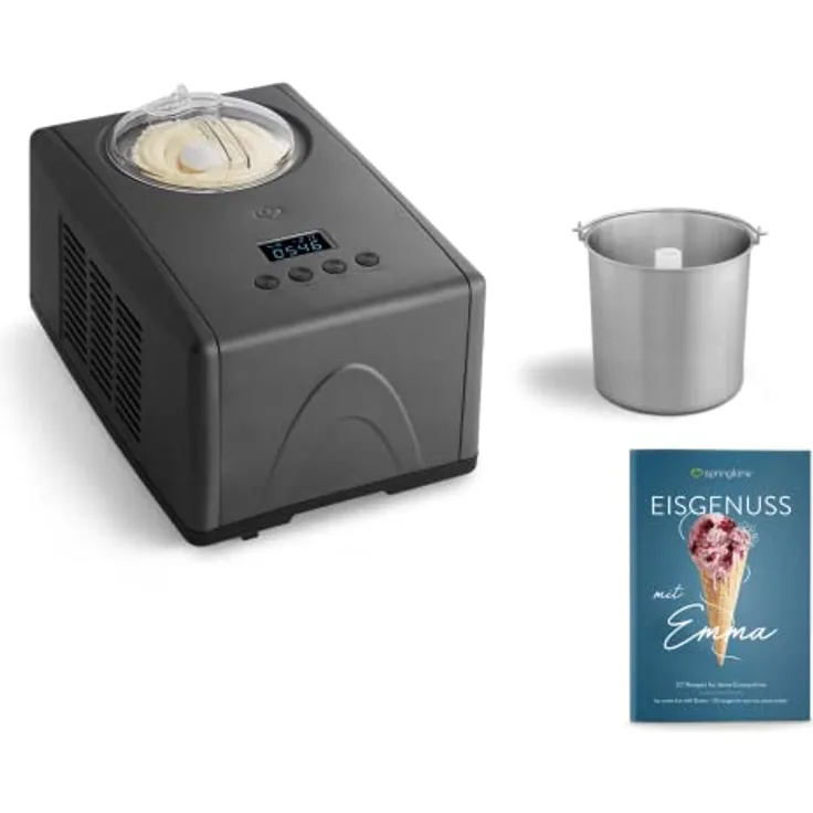 Springlane Kitchen Eismaschine Emma 1,5 L mit selbstkühlendem Kompressor 150 W, aus Edelstahl, inkl. Rezeptheft (Anthrazit, Eismaschine + Zusatzbehälter Edelstahl)