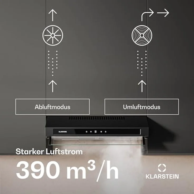 Klarstein Purista Force Unterbaudunstabzugshaube, 60 cm, 400 m³/h Luftleistung, duale Motortechnologie, LED-Touchpanel, Energieeffizienzklasse C, Schwarz – Bild 4