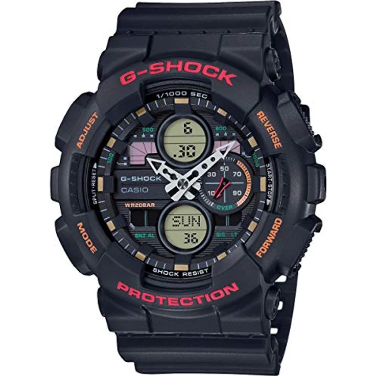 Casio GA-140-1A4ER, Armbanduhr mit Weltzeitfunktion, Stoppfunktion und 20 Bar Wasserdichtigkeit, Schwarz-Rot