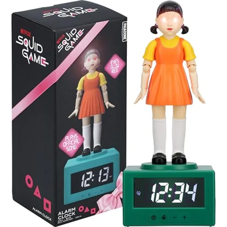 Paladone Squid Game Doll Wecker – Digitaler Lichtwecker mit rot-grünem Nachtlicht und offiziellem Soundtrack, batteriebetrieben
