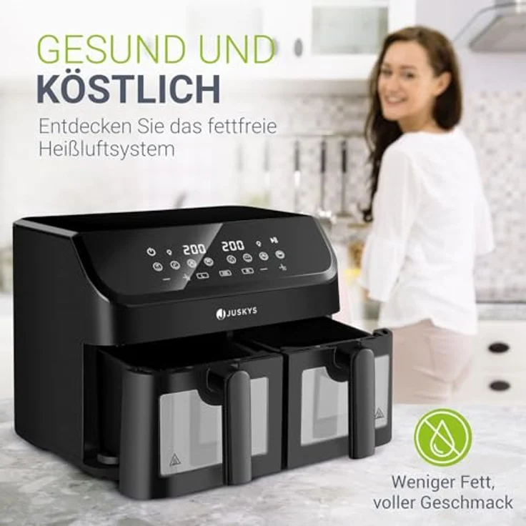 Juskys Heißluftfritteuse 9 L Doppelkammer - XXL Fritteuse mit 2 Körben, 9 Programme, Smart Finish, teflonbeschichtet - weiß – Bild 2