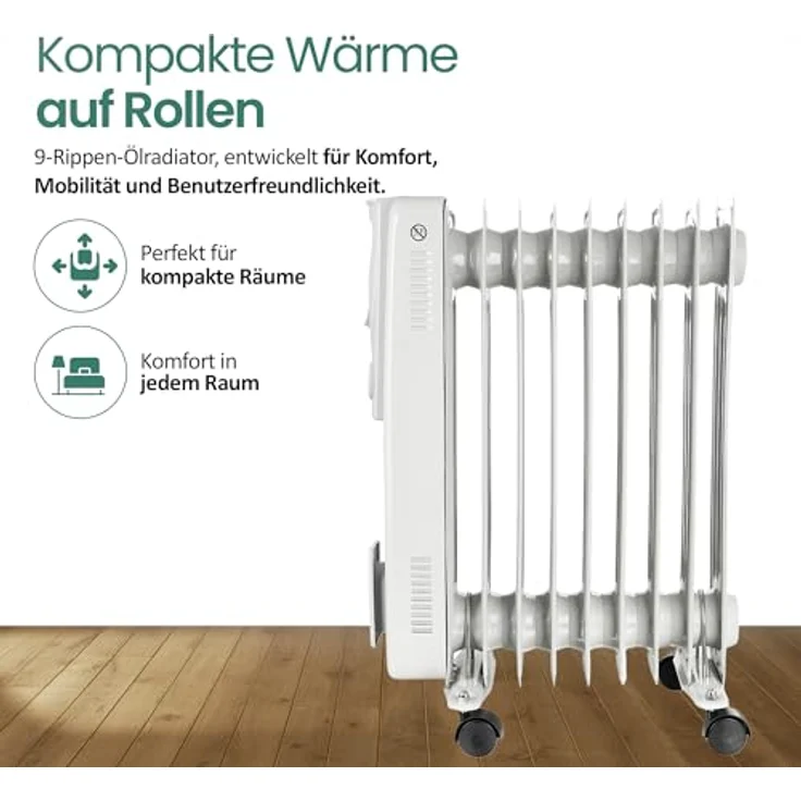 Emerio Ölradiator HO-128421, 9 Rippen, 2000 Watt, geeignet für Räume bis 15 m², einstellbares Thermostat, 3 Heizstufen, mit Kontrollleuchte und Kippschutz, mobil mit Rollen, weiß – Bild 2
