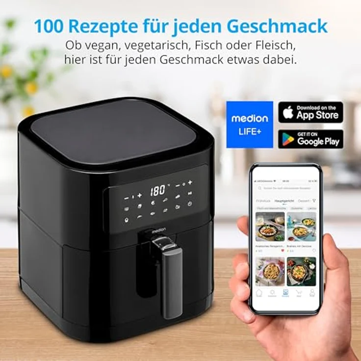MEDION E40 XL Heißluftfritteuse (5,2 Liter Frittierkorb, 2.150 Watt, 9 Automatikprogramme, Backfunktion, ölfreies Frittieren, Touch Bedienfeld, LED Anzeige) schwarz – Bild 2