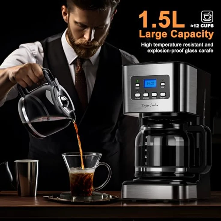 Taylor Swoden Darcy, 950W Kaffeemaschine mit Timer, 1.5L für 12 Tassen, Abschaltautomatik, Tropf-Stopp, wiederverwendbarem Filter, BPA-frei, Schwarz, 2 Stück – Bild 2